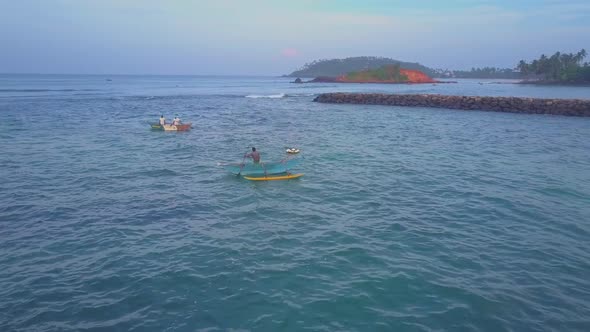 Fishermen Sail on Boats Along Sea Near Pier Bird Eye View alt