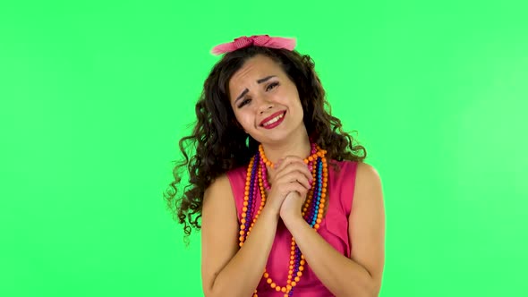 Curly Girl with Wow Face Expression and Tender Smiling. Green Screen at Studio alt