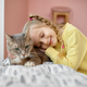 Happy smiling girl petting fluffy cat having fun time in animal shelter - PhotoDune Item for Sale