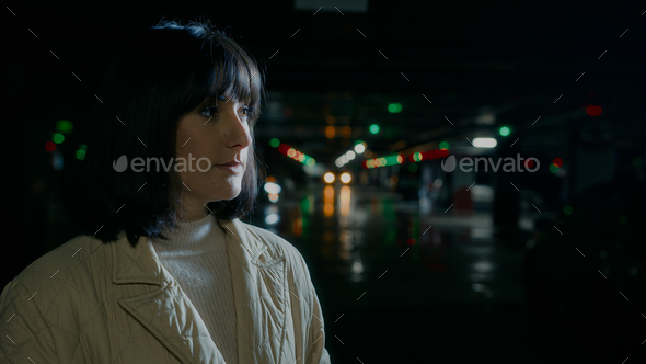 Close up pensive thoughtful serious woman waiting someone wait meeting taxi car automobile looking
