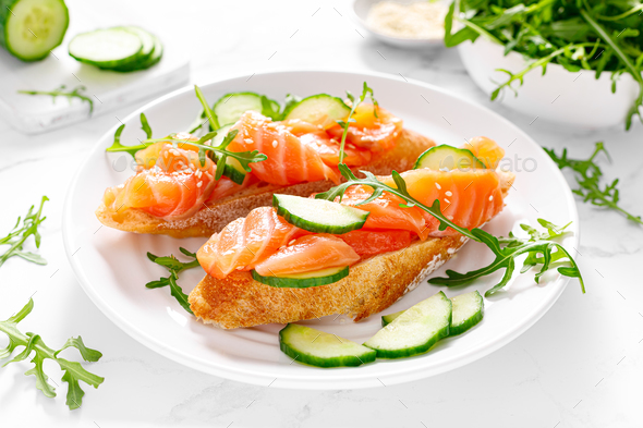 Sandwiches with salted salmon. Healthy food, breakfast - Stock Photo - Images