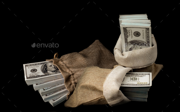 Sack of money 100 USD dollars banknotes a lot of money