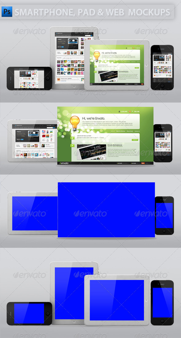 Smartphone and Tablet Web Display Mockup - Multiple Displays