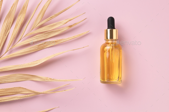 Cosmetic bottle with body and face oil and palm leaf, summer natural cosmetics, serum, facial oil