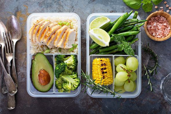 Meal prep containers with healthy lunch to go Stock Photo by fahrwasser