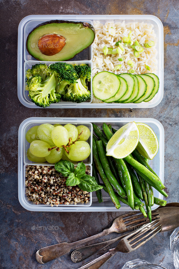 Meal prep containers with healthy lunch to go Stock Photo by fahrwasser