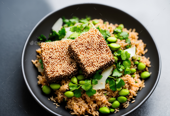 Asian-Style Veggie Bowl: Sesame Crusted Tofu, Vegetables, and Fresh Cilantro