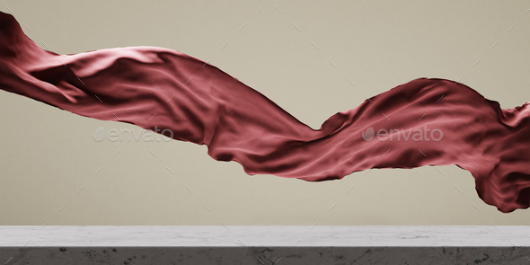 Luxury red fabric floating above marble table.  - Stock Photo - Images