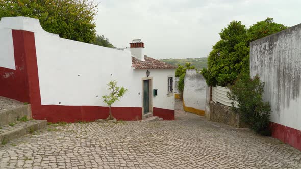 Houses of Castle of Óbidos that are Painted with Blue Red and Yellow Colours alt