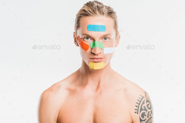 Naked Handsome Man With Multicolored Patches On Face Isolated On White Stock Photo By