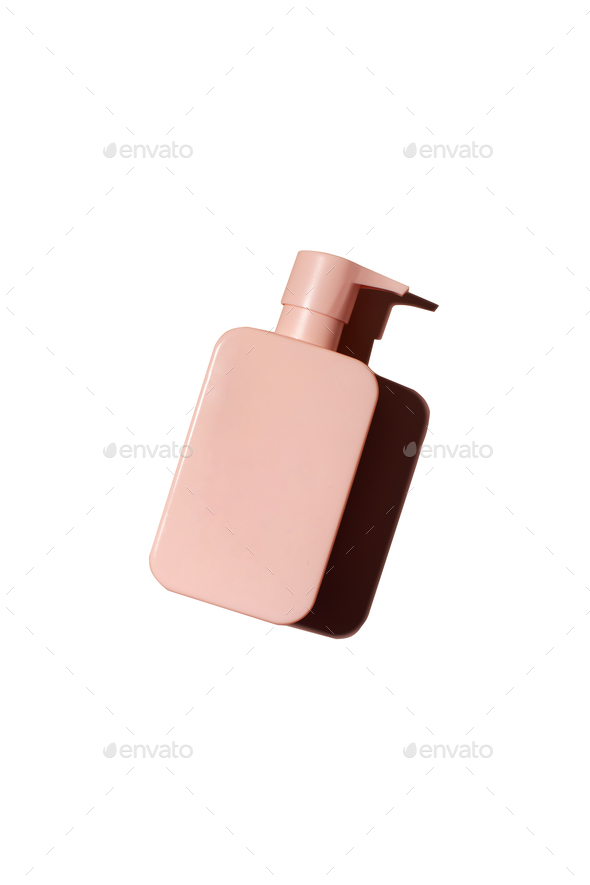Pink cosmetic product layout with a place for a logo on a white background. Shampoo, shower gel.
