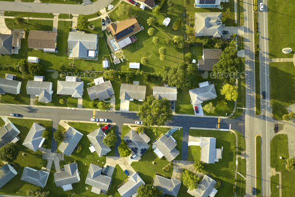 Aerial view of small town America suburban landscape with private homes