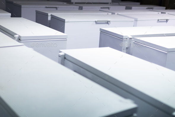 Warehouse with white refrigerators