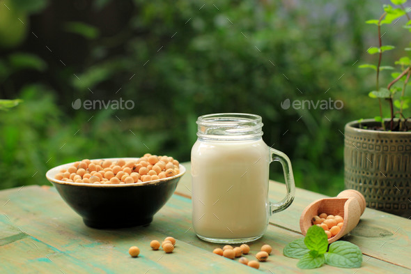 Soy Milk in Bottle and Soy Bean in A Bowl. Healthy Concept for non ...