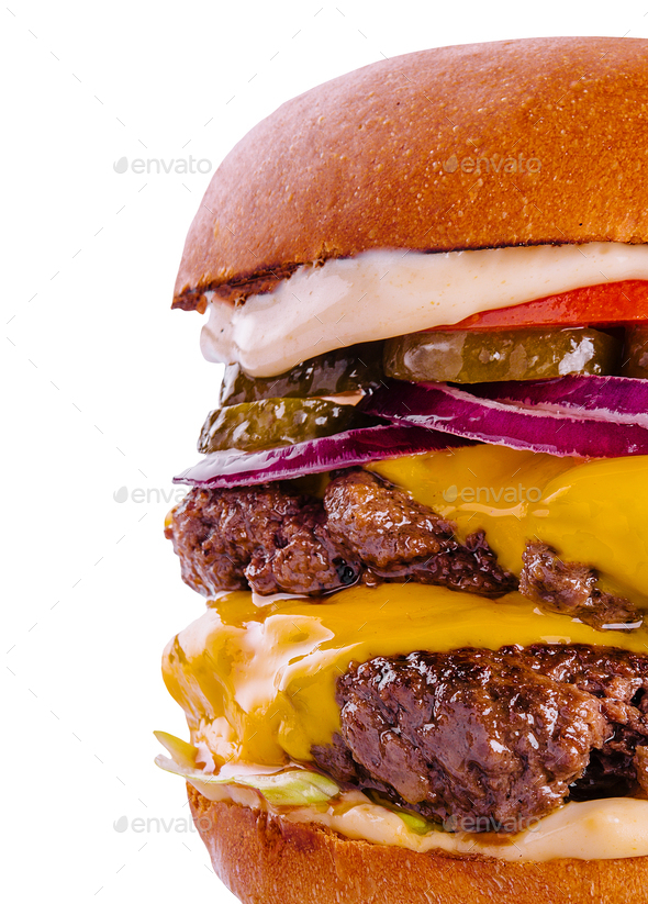 Large cheeseburger with two beef patties grilled Stock Photo by