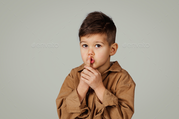 Mystery Serious Funny Caucasian 6 Years Old Little Boy Show With Finger 