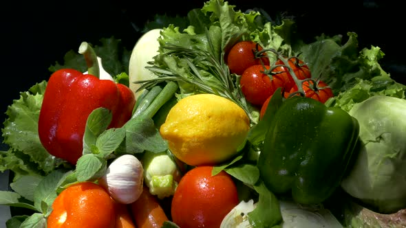 Vegetables on a Tray Close-up. Vegetables on the Kitchen Counter. Tomato Cucumber Zucchini Onion