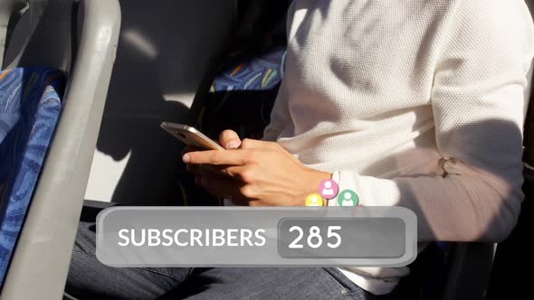 Hands texting and floating follow icons alt