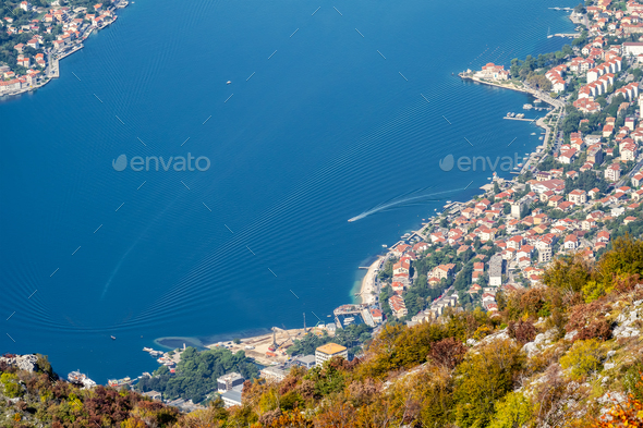 Long shot with a picturesque coastline of Kotor in Montenegro - Stock Photo - Images