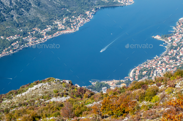 Long shot with a picturesque coastline of Kotor in Montenegro - Stock Photo - Images