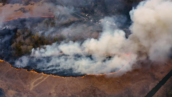 Wildfire: Aerial Top View and flying over the field with a line of fire alt