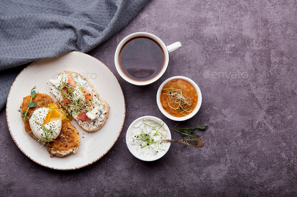 Healthy food - Low-Carb Cuisine sandwiches with zucchini spread and yogurt, egg, salmon, coffee cup