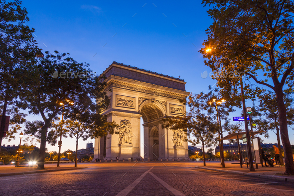 Night view of Arc de Triomphe - Triumphal Arc in Paris, France - Stock Photo - Images