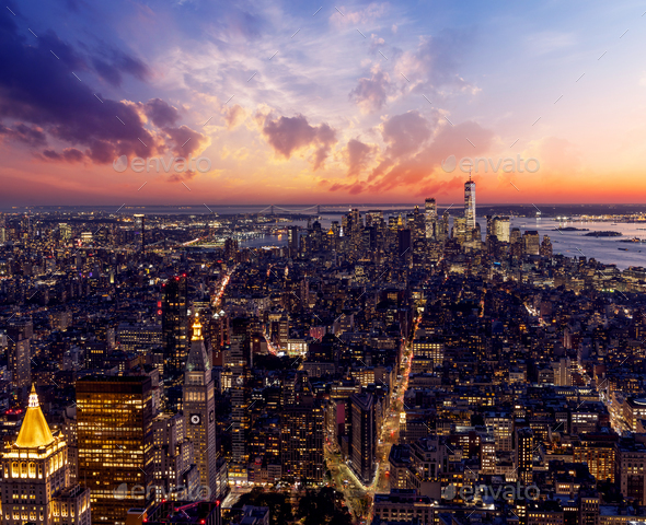 NYC skyline at sunset from Empire State Building Stock Photo by karandaev