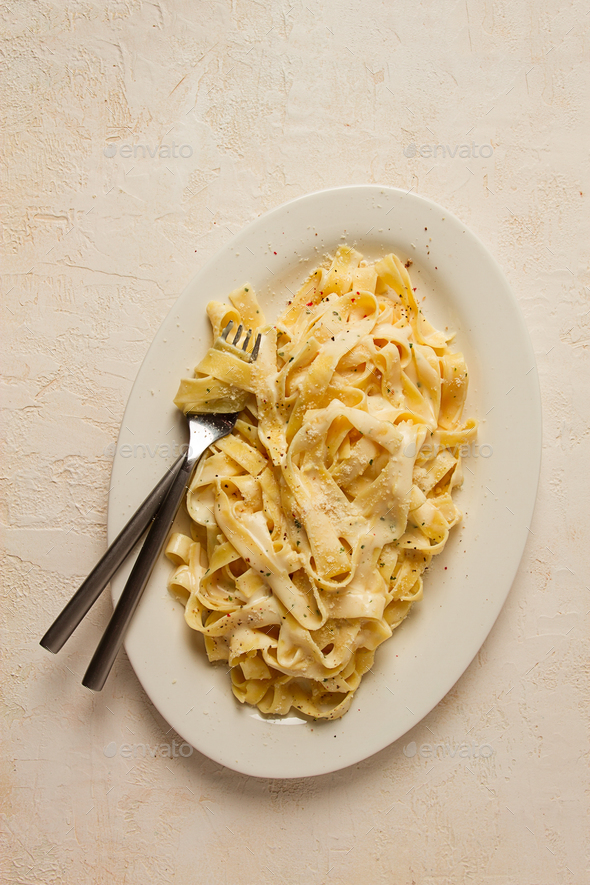 Fettuccine, Tagliatelle, In Creamy Garlic Sauce, Italian Traditional 