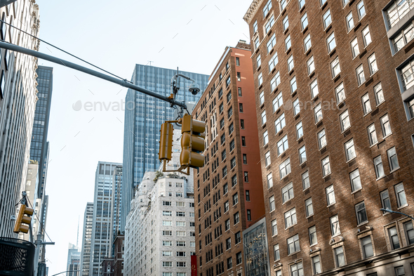 View on the yellow traffic light in New York City