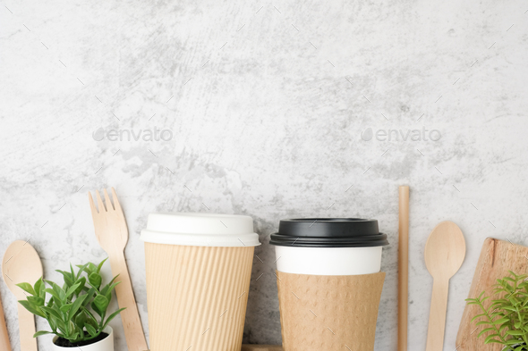 biodegradable food packaging and eco-friendly coffee cup.