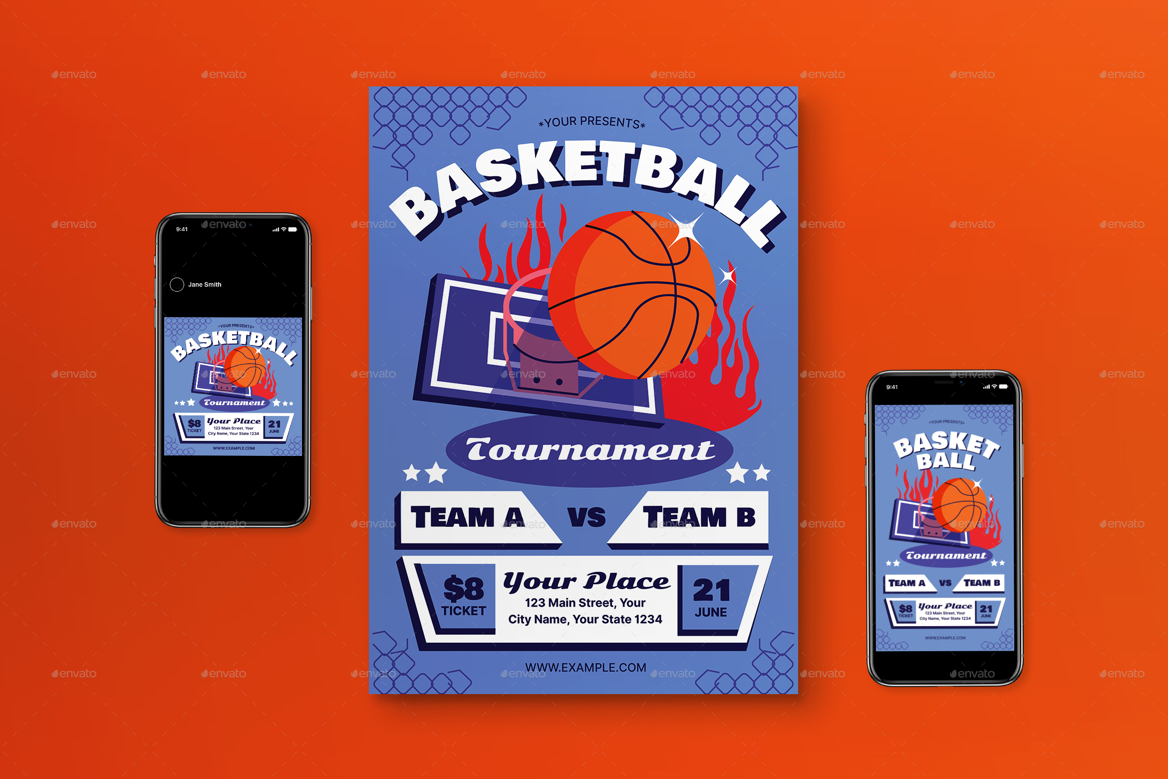 Blue Flat Design Basketball Tournament Flyer Set, Print Templates ...