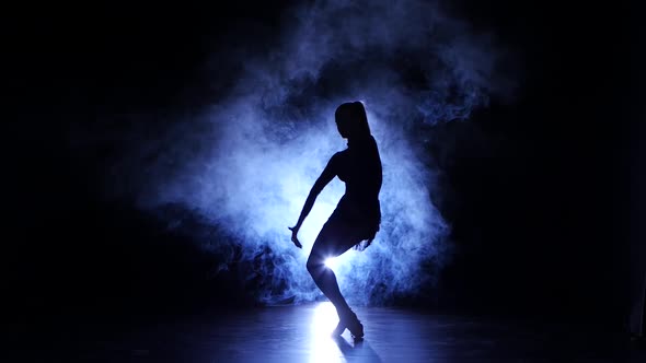 Graceful Girl Dancing in Studio, Silhouette. Dark Background, Blue Backlight alt