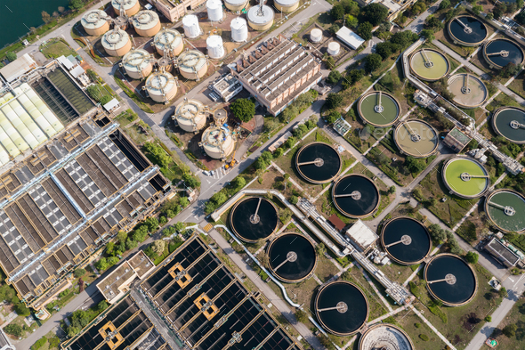 Sha Tin, Hong Kong 10 April 2021: Top view of Sha Tin Sewage treatment ...