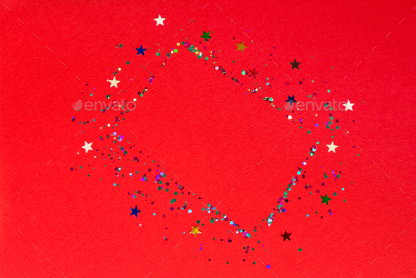 Festive frame or red background with colorful confetti, star. Flat lay, mockup.  - Stock Photo - Images