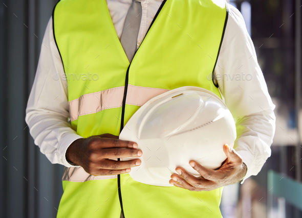 Property development, architect and hands with a safety helmet for construction and engineering. Bu