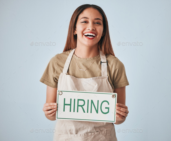 Happy woman, portrait and hiring sign for small business recruitment, career or job opportunity aga