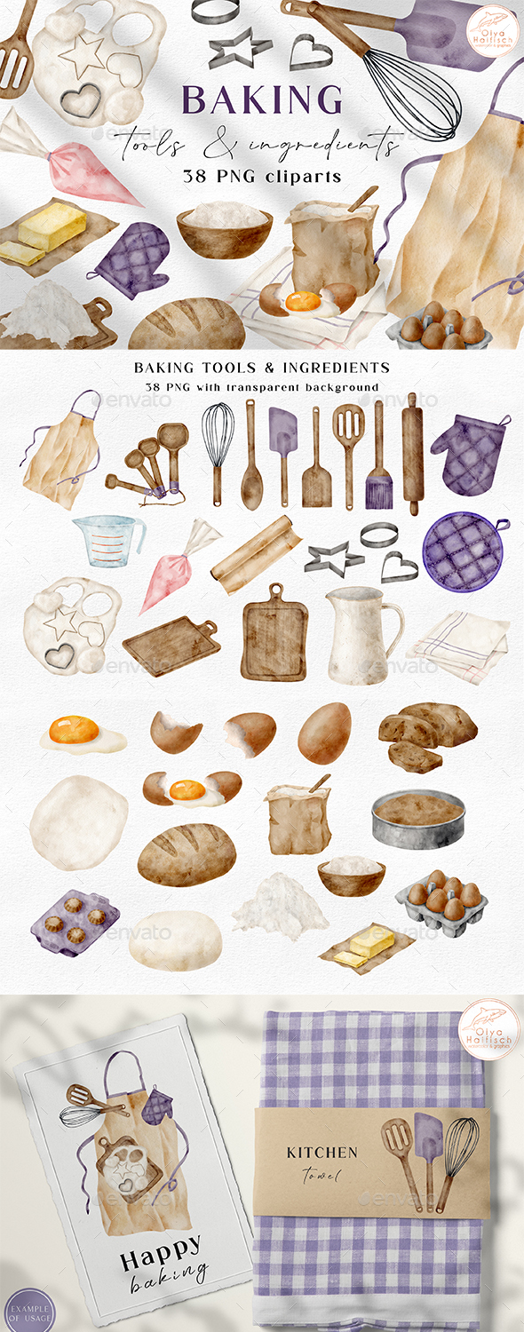 Set of baking tools and kitchen utensils. Hand drawn watercolor