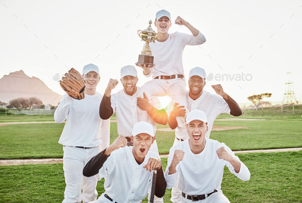 Baseball team, trophy win portrait and men with award from teamwork, game and fitness. Winner, suns