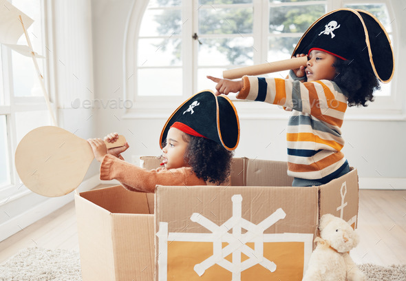 Pirate, box and playing with children in living room for bonding, imagine and creative. Happy, yout