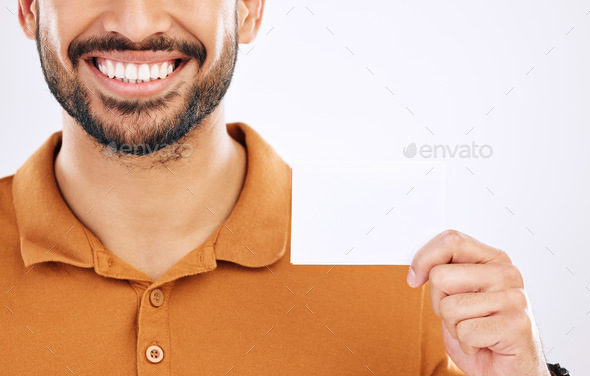 Business card mockup, studio smile and happy man with marketing placard, advertising contact info o