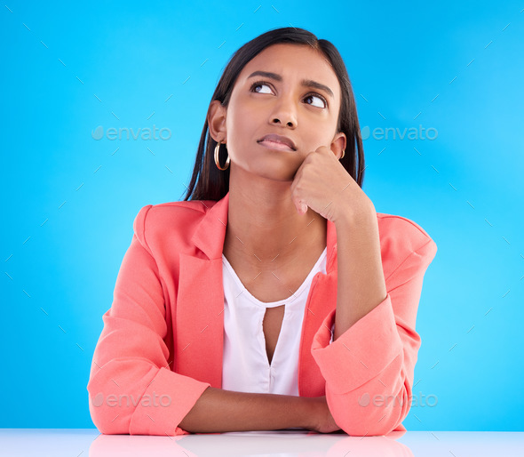 Thinking, Confused And A Business Woman On A Blue Background In Studio ...