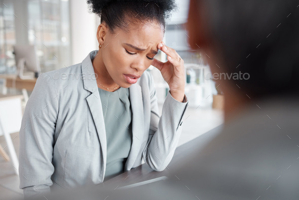 Black woman in business, stress and mental health, counseling at work and psychology with corporate