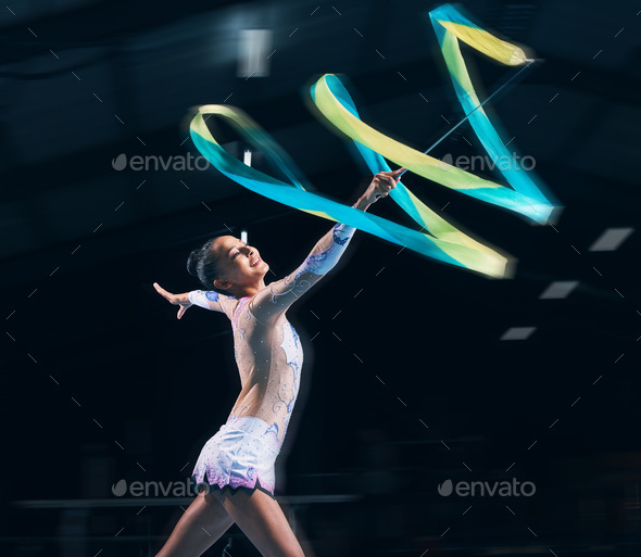 Ribbon Gymnastics Woman And Smile In Motion Blur Of Dancer Talent