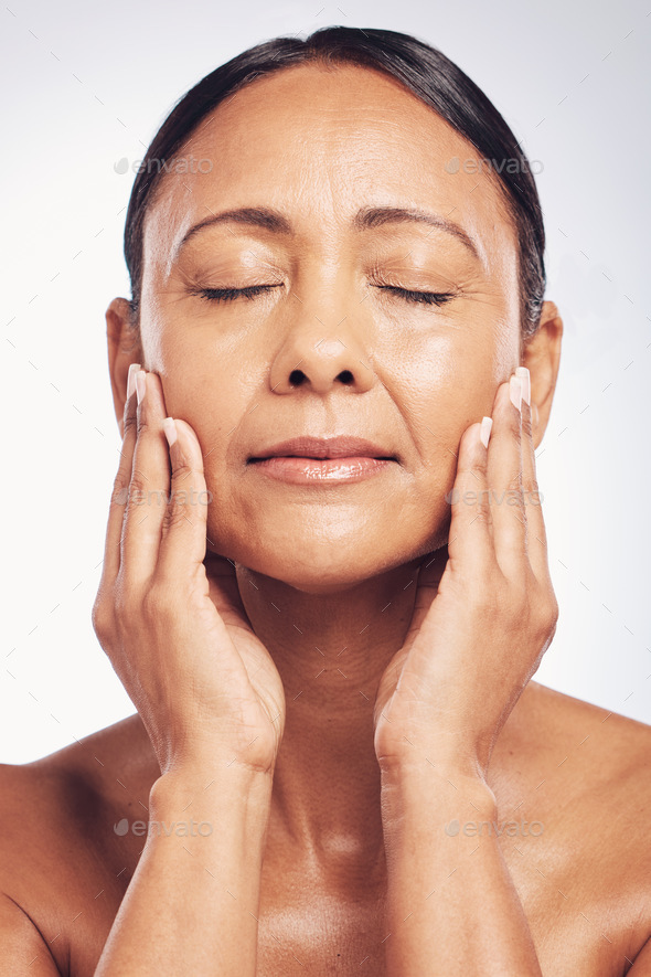 Senior Woman Face And Anti Aging Skincare Beauty And Dermatology With Natural Cosmetics 