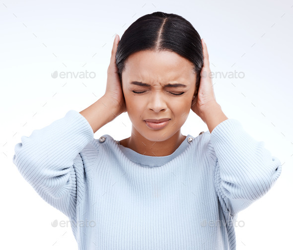 Stress, headache and hands of woman on head for anxiety, vertigo and brain fog on white background.