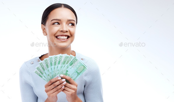 Studio money, face mockup and happy woman, marketing person and lottery win, competition giveaway o