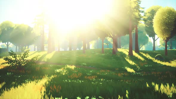 Cartoon Green Forest Landscape with Trees and Flowers, Motion Graphics