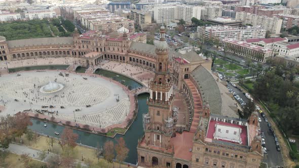 Aerial forward view of Plaza Espana. Seville. Daylight