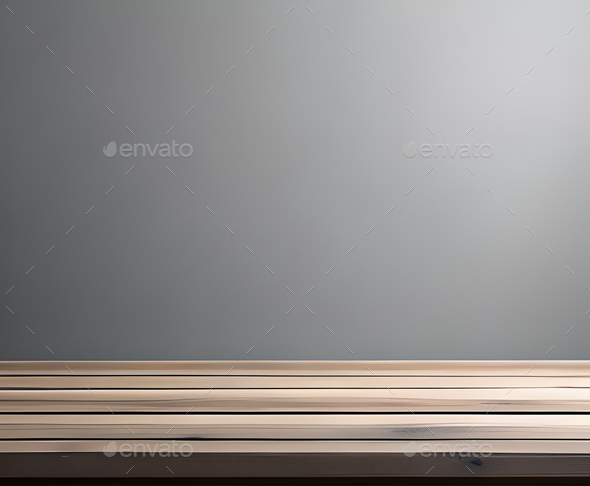 A wooden bench with a light on it and a gray wall behind it. - Stock Photo - Images